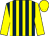 Dark blue and yellow stripes, yellow sleeves and cap