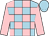 Light blue and pink check, pink sleeves, light blue cap
