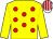 Yellow, red spots, yellow sleeves, white and red striped cap