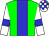 Big-green body, blue stripe, white arms, blue armlets, white cap, blue checked