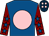 Royal blue, pink disc, maroon sleeves, royal blue stars, dark blue cap, pink spots