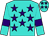 Turquoise, purple stars, turquoise sleeves, purple armbands, turquoise cap, purple stars