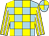 Light blue and yellow check, yellow and white striped sleeves, light blue and yellow quartered cap