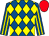 Royal blue and yellow diamonds, striped sleeves, red cap