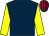 Dark blue, yellow sleeves, dark blue and red striped cap
