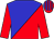 blue and red halved diagonally, red sleeves, red cap, blue stripes