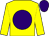 Yellow body, purple disc, yellow arms, purple cap