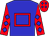 Blue body, red hollow box, red arms, blue diamonds, red cap, blue diamonds