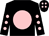 Black body, pink disc, black arms, pink spots, black cap, pink spots