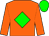 Orange body, green diamond, orange arms, green cap