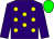 Purple body, yellow spots, purple arms, green cap