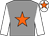 Grey, orange star, white sleeves, white cap, orange star