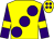 Yellow, large purple spots, purple sleeves, yellow armlets, yellow cap, purple spots