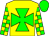 Bright yellow, green maltese cross, checked diamonds sleeves, green collar, cuffs and cap, b
