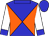 Blue and orange quartered diagonally, blue collar and cuffs, white sleeves, blue cap