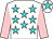 White, turquoise stars, pink sleeves, white cap, turquoise star