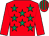 Red, emerald green stars, red sleeves, striped cap