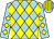 Light blue, yellow diamonds, light blue sleeves, yellow diamonds, striped cap