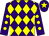 Purple and yellow diamonds, purple sleeves, yellow spots, purple cap, yellow star