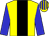 Yellow body, black stripe, blue arms, yellow cap, blue striped