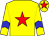 Yellow body, red star, yellow arms, blue chevron, yellow cap, red star