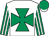 White, emerald maltese cross, emerald and white striped sleeves, emerald cap, white peak