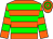 Orange body, green hooped, orange arms, green hooped, orange cap, green hooped