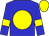 Blue body, yellow disc, blue arms, yellow armlets, yellow cap