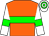 Orange body, green hoop, white arms, green armlets, white cap, green hooped