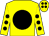 Yellow body, black disc, yellow arms, black spots, yellow cap, black spots