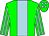 Green body, light blue stripe, green arms, light blue striped, green cap, light blue spots