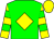 Green body, yellow diamond, yellow arms, green hooped, yellow cap