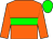 Orange body, green hoop, orange arms, green cap