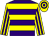 Purple, yellow hoops, yellow and purple striped sleeves, hooped cap