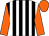 Black and white stripes, orange sleeves and cap
