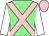 Light green, pink crossed sashes, white sleeves, pink cap