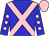 blue, pink cross belts, pink spots on sleeves, pink cap