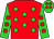 Red, lime green spots, lime green sleeves, red spots, lime green cap, red spots