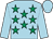 Light blue, emerald green stars, light blue sleeves and cap