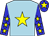 Light blue body, yellow star, blue arms, yellow stars, blue cap, yellow star