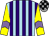 light blue and purple stripes, mauve chevron on yellow sleeves, grey and black checked cap