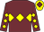 Garnet body, yellow diamond hoop, garnet arms, yellow diamonds, yellow cap, garnet diamond