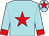 Powder blue, red star and cuffs, powder blue sleeves and cap, red star