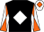 Black, white diamond, white and orange diabolo on sleeves, white cap, orange diamond