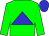 Green body, blue triangle, green arms, blue cap