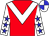 Red body, white chevron, white arms, blue stars, white cap, blue quartered