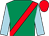Emerald green, red sash, light blue sleeves, red cap