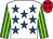 White, royal blue stars, emerald green & yellow striped sleeves, red cap, royal blue stars