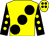 Yellow, large black spots, black sleeves, yellow spots, yellow cap, black spots