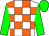 White and orange checks, green sleeves and cap